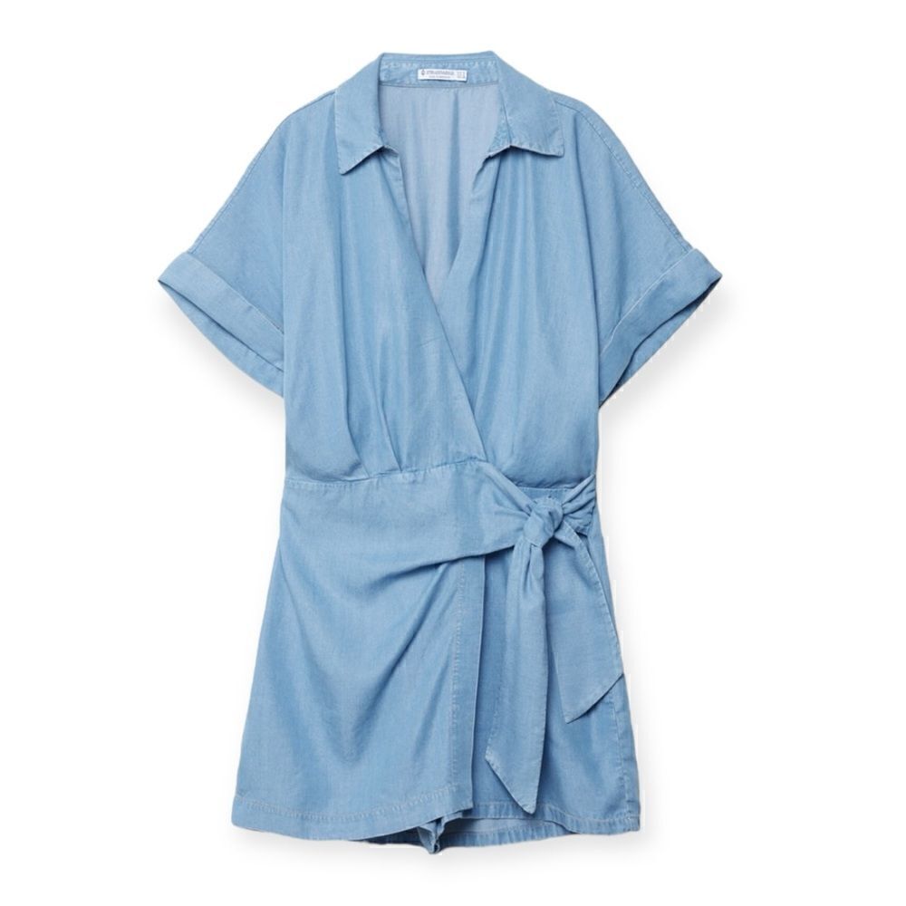 Stradivarius Blue Lyocell Wrap Playsuit Romper Size L NWT Tie Waist Short Sleeve - Picture 2 of 12